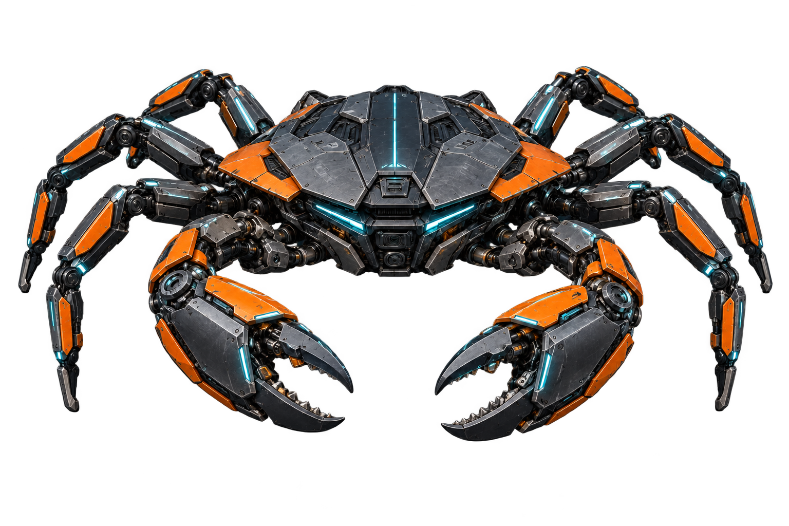 Black-metal mechanical crab with orange armor and cyan lights